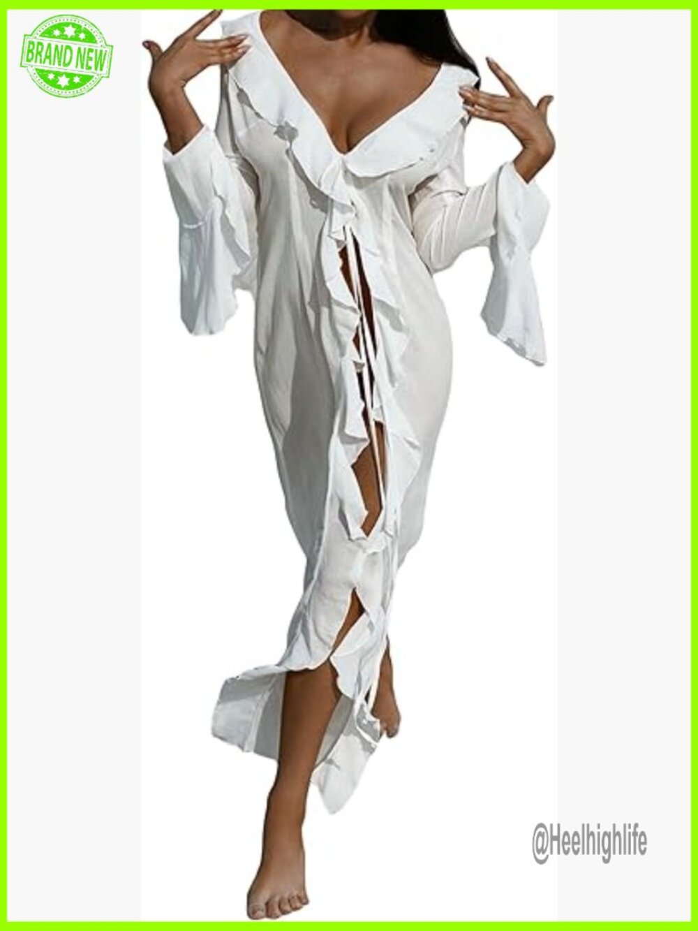 Sheer Long Kimono Cardigan Bell Sleeve Mesh Chiffon Ruffle Flowy Duster Robe